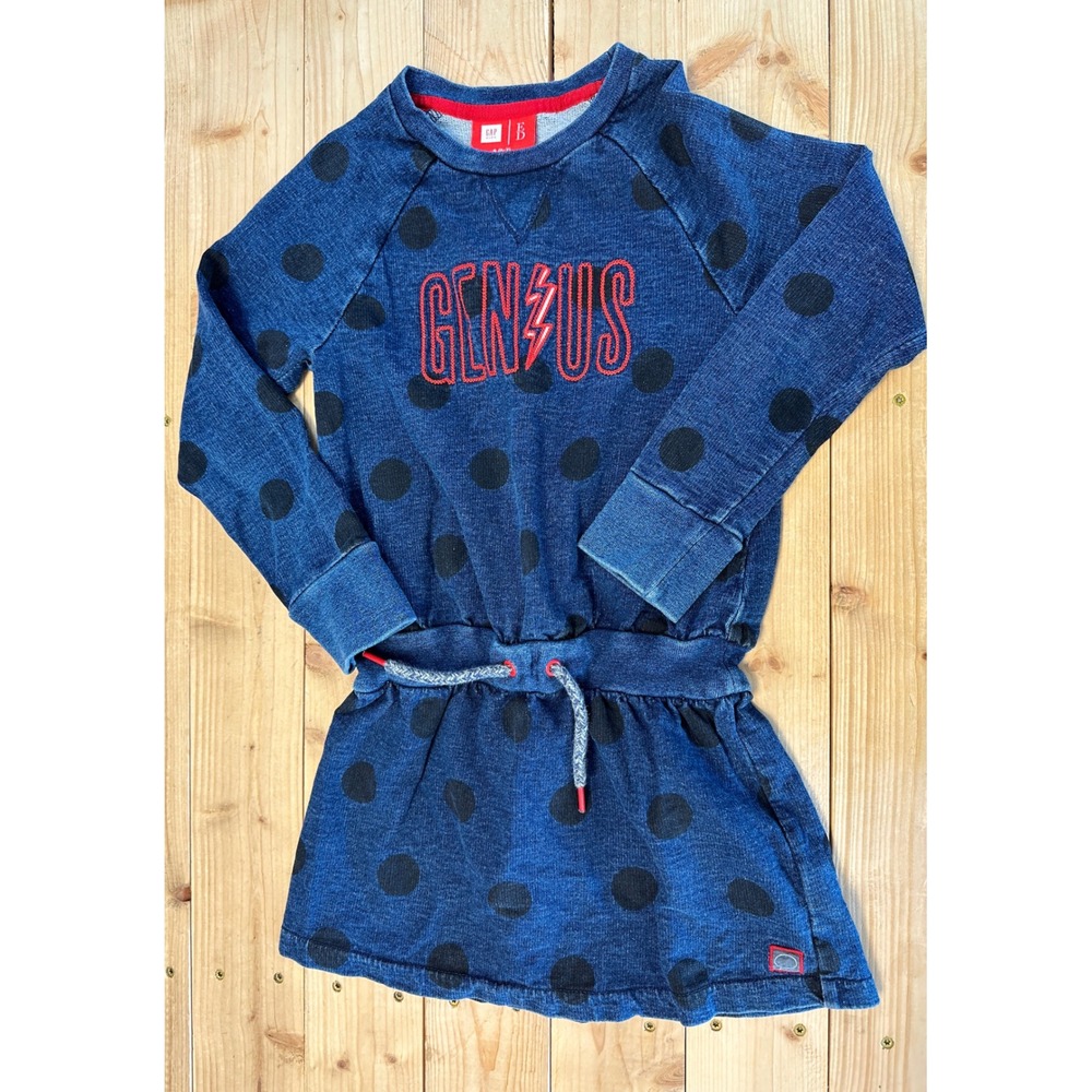 Gap Kids ED Girls' Dress Size S (6-7) Blue Denim Look Polka Dot Genius Graphic